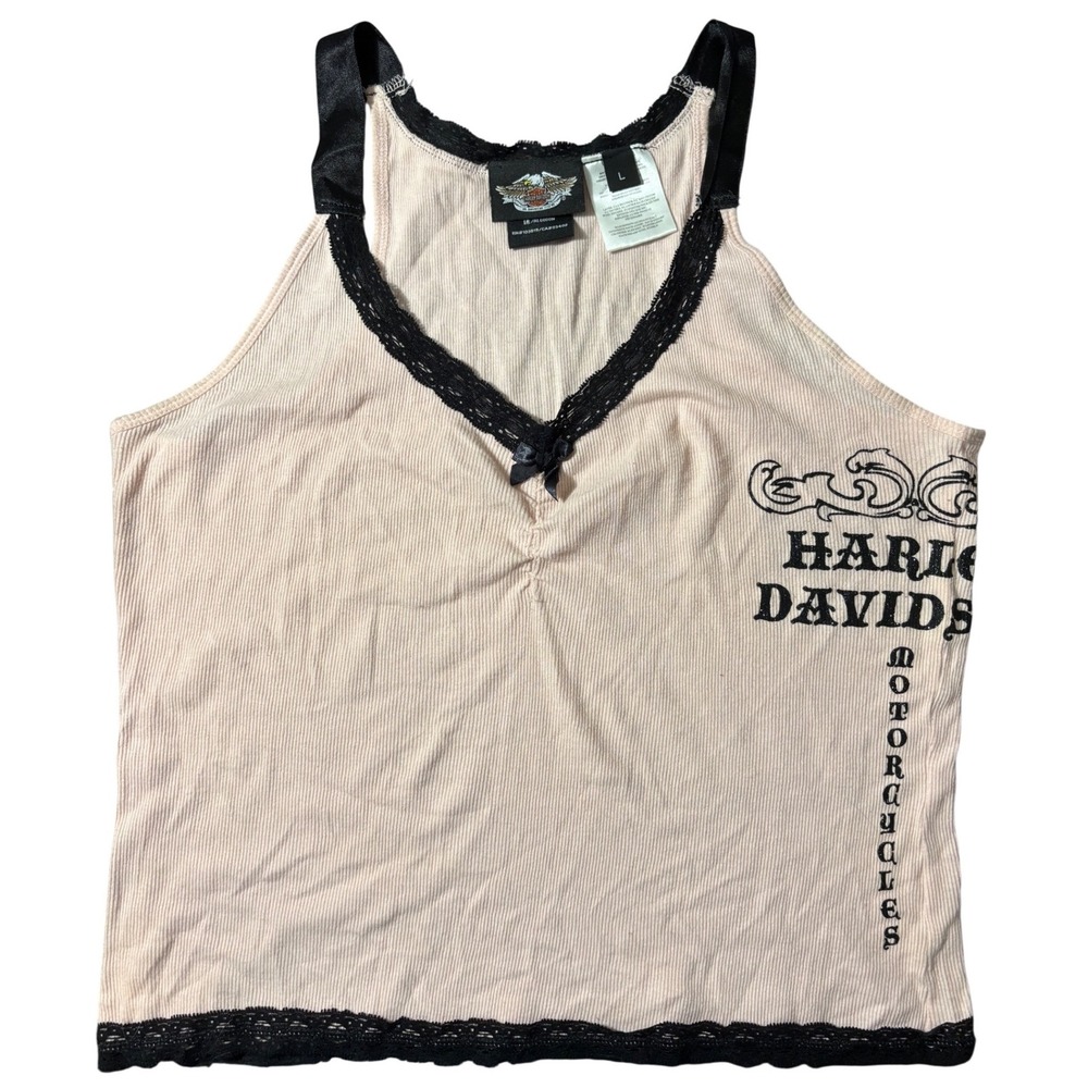 Vintage Y2K Harley Davidson Pink Ribbed Lace Camisole Tank Top Size L Coquette